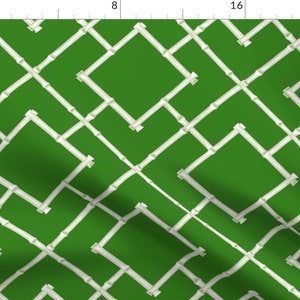 Pu&ograve; includere: Un tessuto verde con un motivo a traliccio di bamb&ugrave; bianco. Il motivo &egrave; un disegno geometrico ripetitivo di linee bianche sovrapposte.