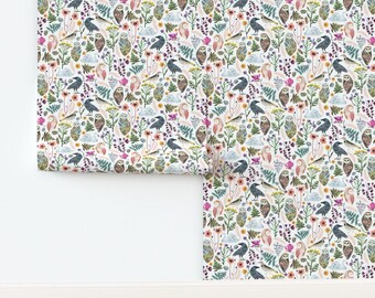 Watercolor Owls Non-Pasted Wallpaper Woodland Floral Mystical Wildlife  - Lucid Dreams by zoe_ingram Wallpaper by Spoonflower