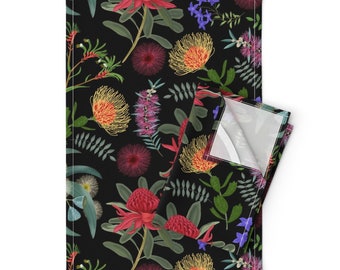 Maximalist Tea Towels (Set of 2) - Botanical Australia Black by hnldesigns - Floral Australian Flora Linen Cotton Tea Towels by Spoonflower