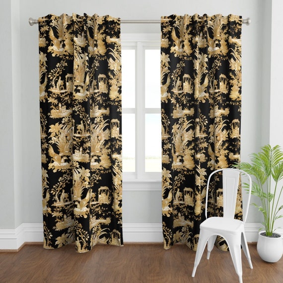 Faux Gold Curtain Panel Chinoiserie Toile On Black By Faux Gold Curtain Panel Chinoiserie, Black Toile Curtains