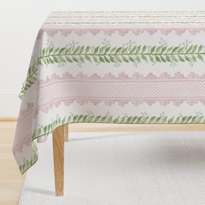 Preppy Pink Stripe Tablecloth - Celia Pink And Sage by danika_herrick - Green Vine Large Traditional Cotton Sateen Tablecloth by Spoonflower