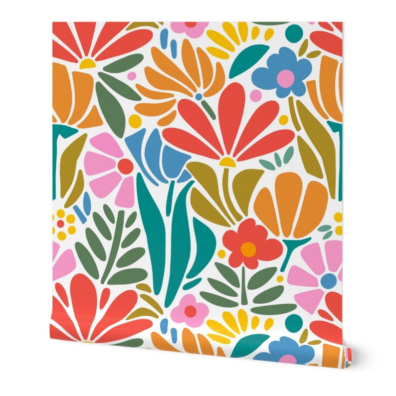 Psychedelic Floral Non-Pasted Wallpaper Retro 1960s Pink Botanical - Maximalism Folk by jenflorentine Wallpaper Double Roll by Spoonflower image 3