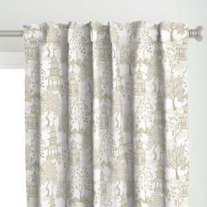 Chinoiserie Curtain Panel - Pagoda Forest Cream And Tans by danika_herrick - Toile Pagoda Landscape Tan Custom Curtain Panel by Spoonflower