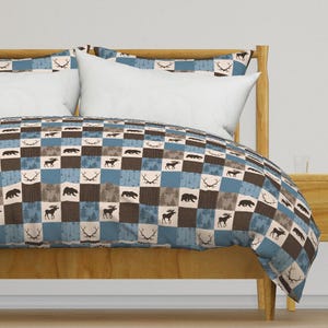 Brown Bedding - Moose Bear Patchwork by sugarpinedesign -  Woodland Bears Moose Cotton Sateen Duvet Cover OR Pillow Shams by Spoonflower