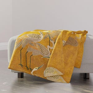 Maximalism Throw Blanket - Art Deco Birds Boho Hollywood Regency Crane Exotic Birds Throw Blanket - Golden Hour Cranes by shellyreneedesigns