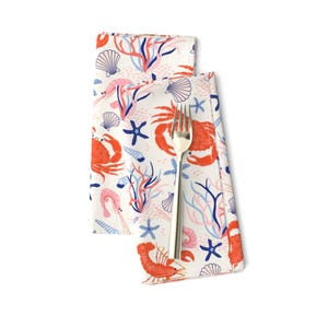 Pink Dinner Napkins (Set of 2) - Crustacean  by vivdesign - Blue Orange Summer Seaweed Nautical Coral Crab Cloth Napkins by Spoonflower