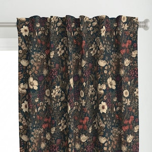 Moody Floral Curtain Panel - Dark Moody Floral by allymadethis - Autumn Fall Vintage Botanical Meadow Custom Curtain Panel by Spoonflower