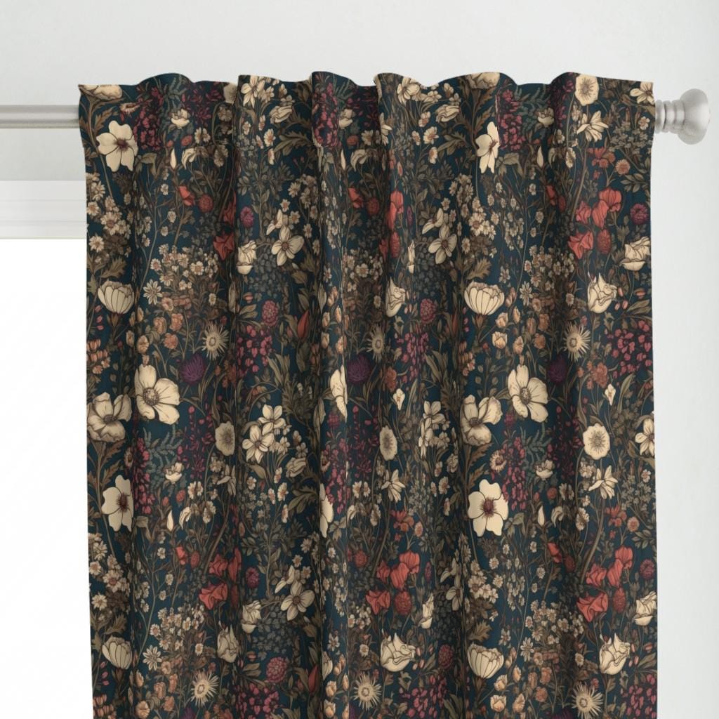 Moody Floral Curtain Panel - Dark Moody Floral by allymadethis - Autumn Fall Vintage Botanical Meadow Custom Curtain Panel by Spoonflower