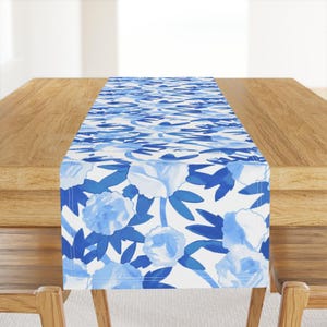 Floral Table Runner - Chinoiserie Peonies In Blue by willowlanetextiles - Chinoiserie Flower Cotton Sateen Table Runner by Spoonflower