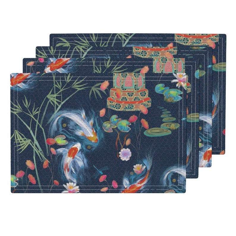 Set of 4 Chinoiserie Cloth Placemats by Spoonflower Koi Fish Placemats - Japanese Water Garden by