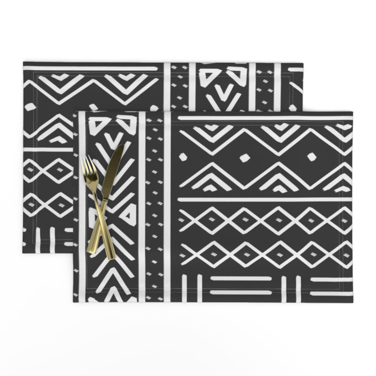 Black And White Placemats Set of 2 Large Charcoal Mudcloth Etsy
