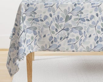 Watercolor Leaves Tablecloth - Faded Blue Leaves by sara_swanson_design - Botanical Blue Gray Leaf Cotton Sateen Tablecloth by Spoonflower