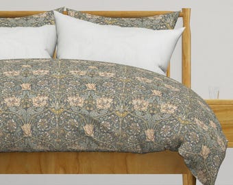 Arts And Crafts Bedding - Morris Neutral by peacoquettedesigns - English Garden Honeysuckle Cotton Sateen Duvet Cover OR Pillow Shams