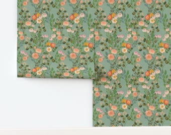Victorian Non-Pasted Wallpaper Floral Vintage Roses Cottagecore Flowers Green - Vintage Garden Green by ceciliamok Wallpaper by Spoonflower