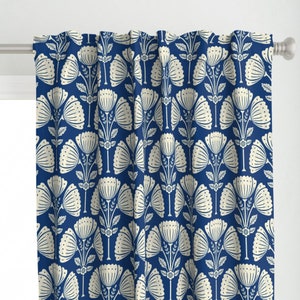 Bold Modern Floral Curtain Panel - Block Print Bouquet  by krisztinajung - Art Deco Damask Retro Blue Custom Curtain Panel by Spoonflower