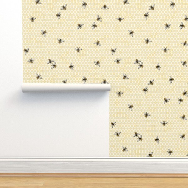 Bee Commercial Grade Wallpaper - Honey A Bee Farm by miyatake_(julie's_fabrics) - Honey Honeycomb Wallpaper Double Roll by Spoonflower