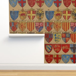 May include: A vintage illustration of a collection of heraldic shields with various colors and designs. The shields are arranged in rows and columns on a parchment-like background. The shields feature different symbols, including lions, eagles, crosses, and fleurs-de-lis.