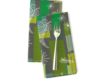Mid Century Dinner Napkins Set of 2 - Vintage Look Mid Century Modern Olive Acid Yellow Cloth Napkins - 50s Floral by elizabeth_hale_design