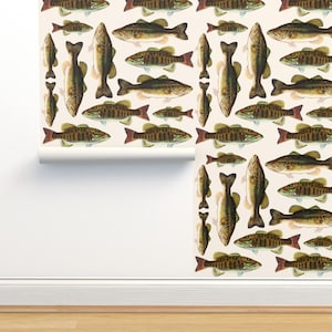 Fishing Non-Pasted Wallpaper - Bass Fish by weavingmajor - Freshwater Fish Painted Rustic Cabin Wallpaper Double Roll by Spoonflower