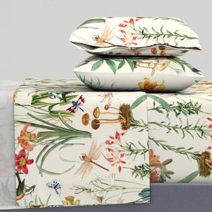 Woodland Floral Sheets - Garden Of Dragonflies by thistleandfox - Vintage Style Mushroom Cotton Sateen Sheet Set Bedding by Spoonflower