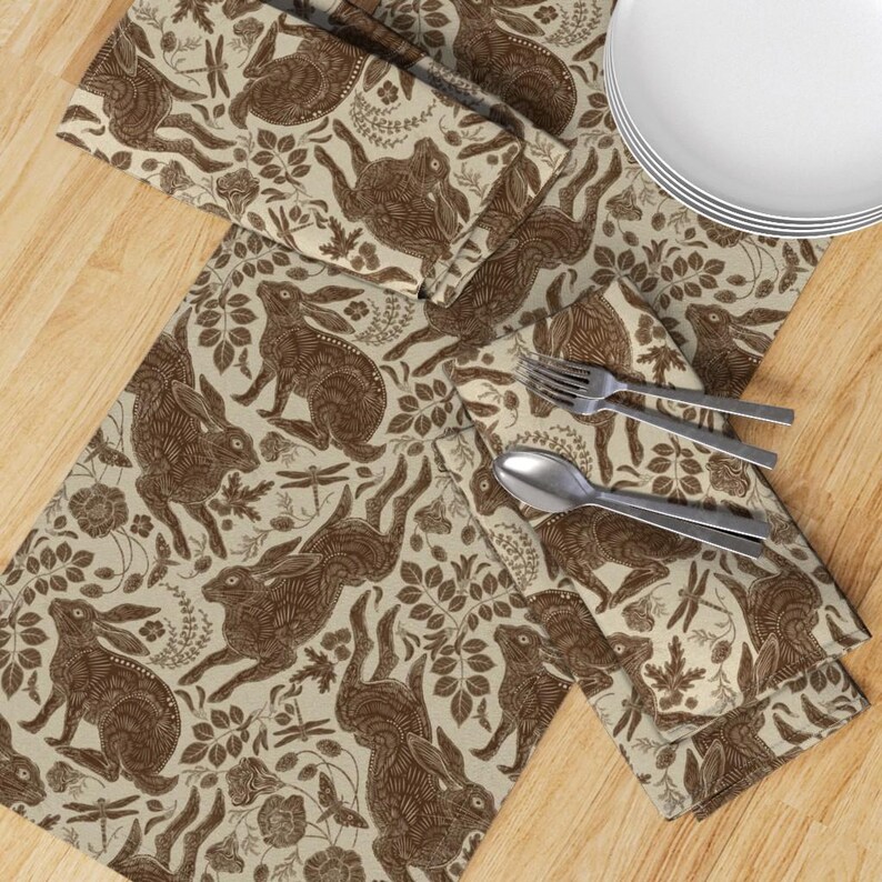 Neutral Woodland Table Runner Rabbit in Brown by Silver_steer_design