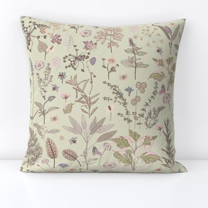 Sage Green Throw Pillow - Cottagecore Kitchen by mypetalpress - Vintage Botanical  Herbs Decorative Square Throw Pillow by Spoonflower