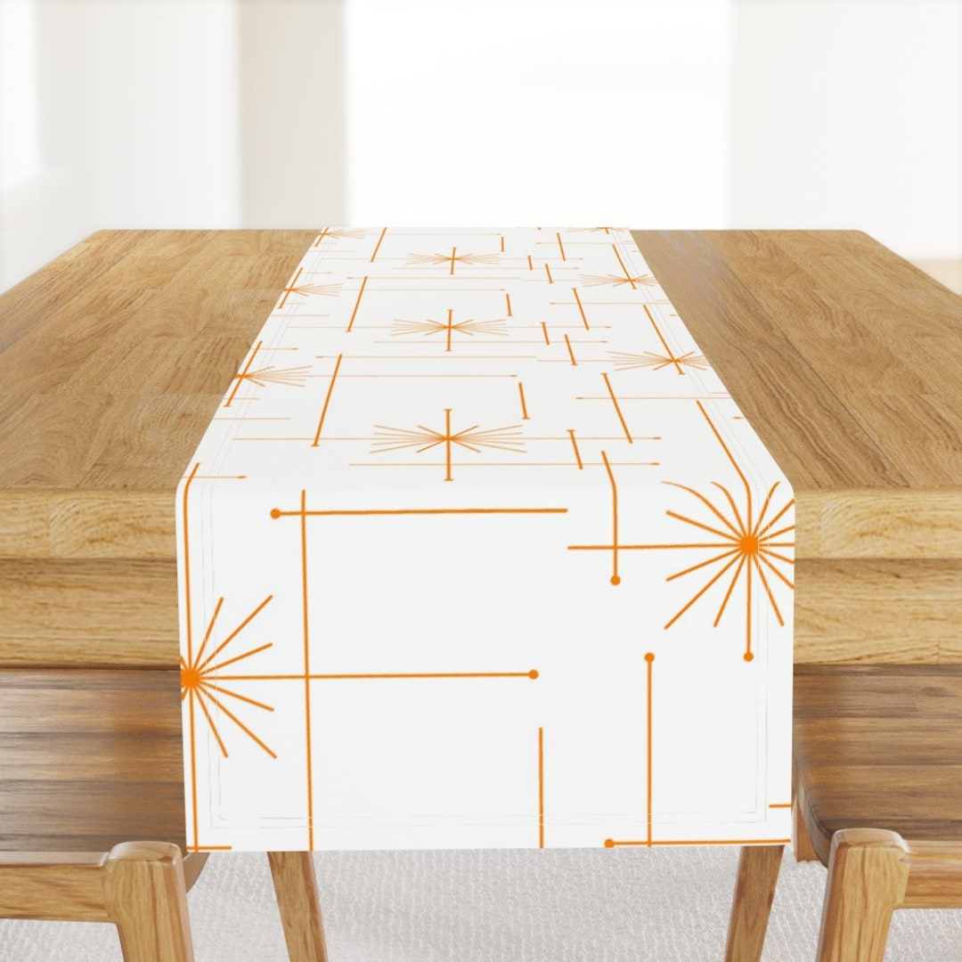 Mid Century Table Runner - Atomic Starbursts White Orange Stars ...