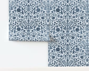 Delft Blue Non-Pasted Wallpaper Victorian Vintage Style Faux Texture - Provence Toile Blue by willowlanetextiles Wallpaper by Spoonflower