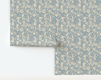 Woodland Rabbit Non-Pasted Wallpaper Whimsical Bunny Cream Blue Boho Animal - Rabbit Flower Dance  by chicca_besso Wallpaper by Spoonflower