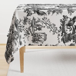 Chinoiserie Tablecloth - Vintage Toile Black White  by peacoquettedesigns - Classic Black And White  Cotton Sateen Tablecloth by Spoonflower