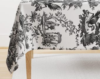 Chinoiserie Tablecloth - Vintage Toile Black White  by peacoquettedesigns - Classic Black And White  Cotton Sateen Tablecloth by Spoonflower