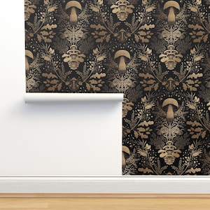 Damask Non-Pasted Wallpaper - Mushroom Forest by denesannadesign - Mushroom Gold Black Snail Fern Fungi Wallpaper Double Roll by Spoonflower