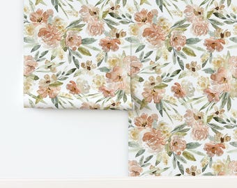 Spring Floral Non-Pasted Wallpaper Botanical Pink Pastel Green Jumbo Scale - Boho Floral Jumbo by northeighty Wallpaper by Spoonflower