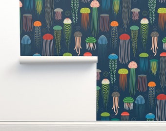 Colorful Non-Pasted Wallpaper Jellyfish Sea Creature - Just Jellies - Medium Lighter Blue by katerhees Wallpaper Double Roll by Spoonflower