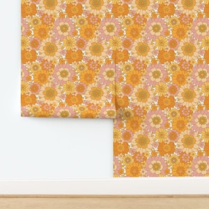 1970s Floral Non-Pasted Wallpaper Orange Retro Flowers 1960s - Avery Retro Floral On White by red_raspberry_design Wallpaper by Spoonflower