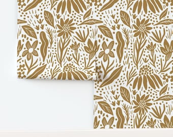 Flowers Non-Pasted Wallpaper Floral Nature Gold Folk Garden Print Contrast Botanical - Eileen by ehpopoki Wallpaper by Spoonflower