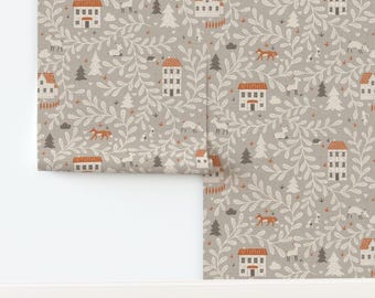 Whimsical Non-Pasted Wallpaper Cottagecore Autumnal Leaves Botanical Fox Deer - House In The Forest by sanne_paul Wallpaper by Spoonflower