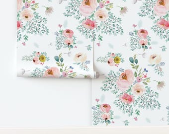 Floral Non-Pasted Wallpaper Spring Bloom Watercolor Roses Boho - 10.5" April Love  Full Bloom by shopcabin Wallpaper by Spoonflower