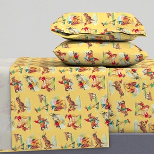 Vintage Rodeo Sheets - Cowboy Cowgirl Golden Yellow by parisbebe - Kitsch Country Cowgirl  Cotton Sateen Sheet Set Bedding by Spoonflower