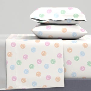 Pastel Smileys Sheets - Smileys In Spring by vivieandashpatterns - Happy Smiling Retro 90s Cotton Sateen Sheet Set Bedding by Spoonflower