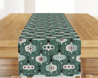 Retro Christmas Table Runner - Atomic Age Ornaments by studioxtine - Pine Green Vintage Style Cotton Sateen Table Runner by Spoonflower