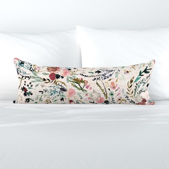 Romantic Floral XL Lumbar Pillow Woven Look Botanical Extra Large  Rectangle Lumbar Pillow Fable Floral Blush by nouveau_bohemian