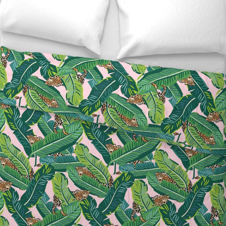 Jungle Duvet Cover Cheetah & Tropical Leaves on Pink by Etsy