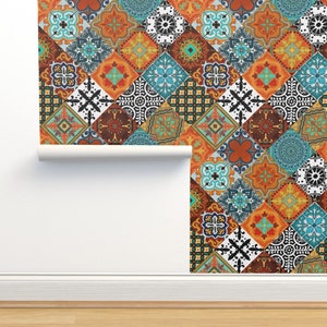 Burnt Orange Non-Pasted Wallpaper - Talavera Tiles by delinda_graphic_studio - Spanish Inspired  Wallpaper Double Roll by Spoonflower