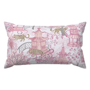 Pink Chinoiserie Accent Pillow - Bowtie Leopard by danika_herrick - Whimsical Pagoda Feminine Rectangle Lumbar Throw Pillow by Spoonflower