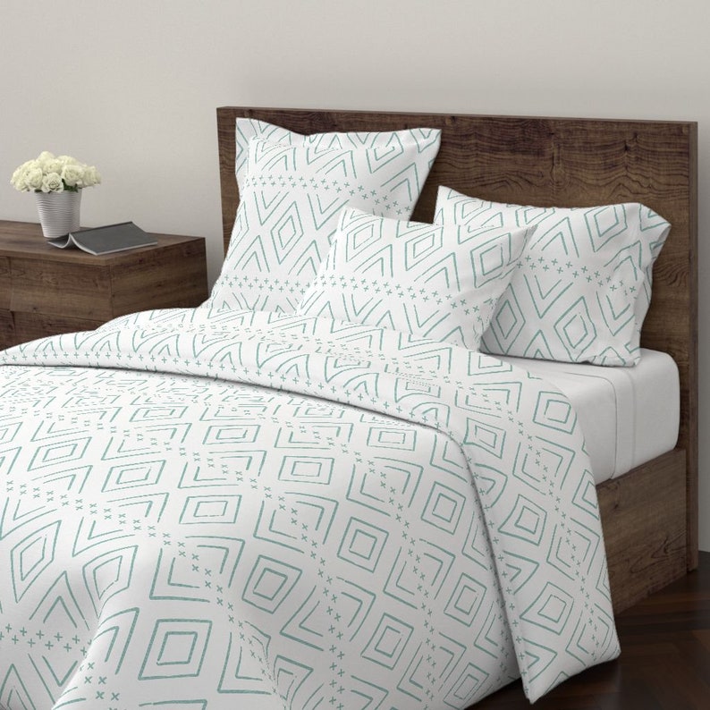 Teal Diamond Pillow Sham Aqua On White Mudcloth by littlearrowdesign Boho Mint Mudcloth Cotton Sateen Pillow Sham Bedding by Spoonflower