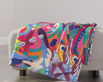 Abstract Throw Blanket - Hand Painted Colorful Large Scale Paint Rainbow Bright Colors Jumbo Throw Blanket - Rainbow Splash by sarekaunique