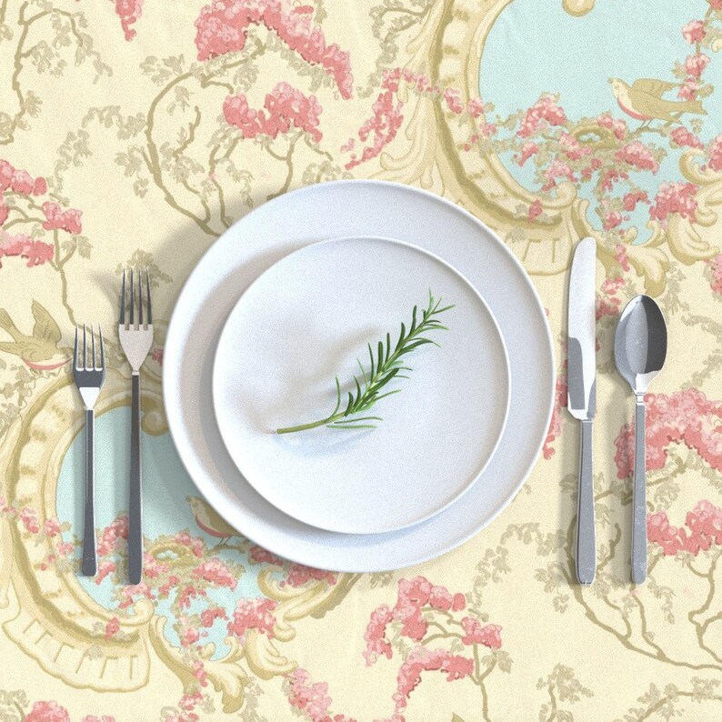 Birds In Cherry Trees by margaret/_ann/_missman/_designs Rococo Parisian Cotton Sateen Tablecloth by Spoonflower Romantic Tablecloth