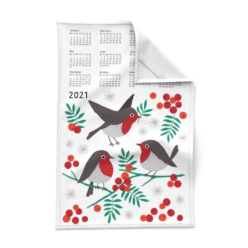 Bird Tea Towel Robin Tea Towel Calendar 2021 White by Etsy
