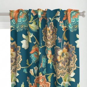 Orange Chintz Curtain Panel -  Teal Chintz Orange by chicca_besso - Large Scale Floral Teal Blue Orange  Custom Curtain Panel by Spoonflower